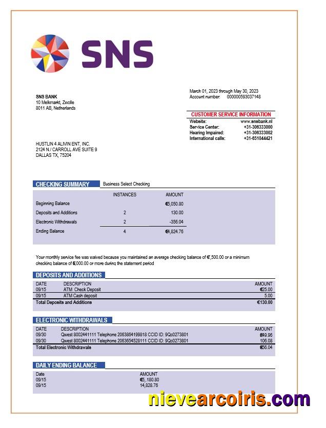 SNS Bank enterprise account statement
